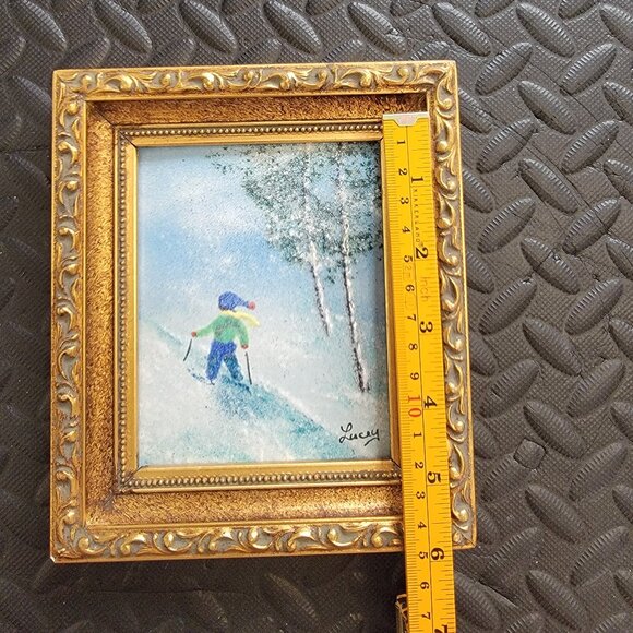 Winter Ski Scene Enamel on Copper Artwork By Jean Lucey, Framed & Signed, 7"x6" - Picture 10 of 16